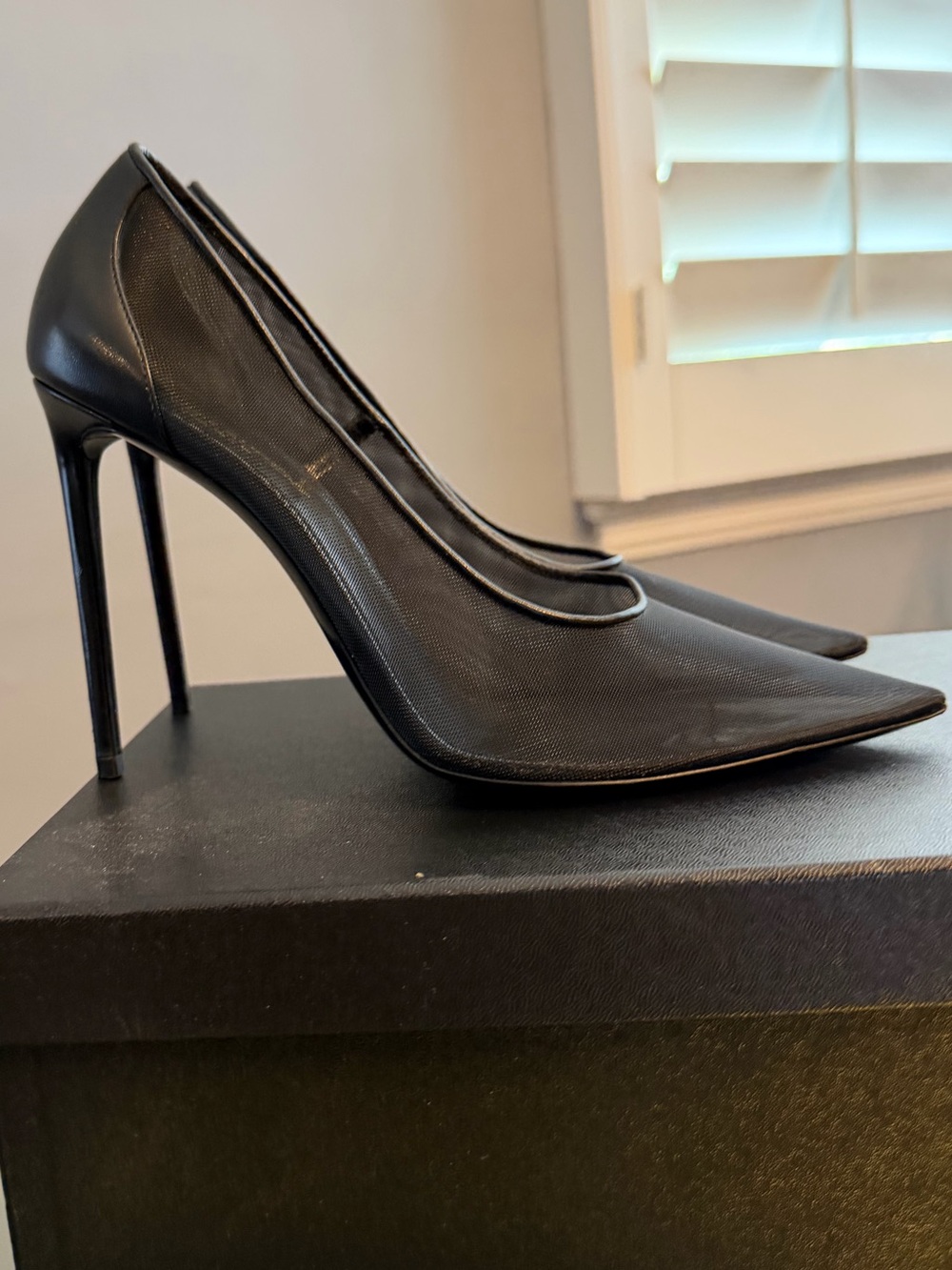 Saint Laurent Black Pointed Mesh and Leather Stiletto Pumps Anja 105